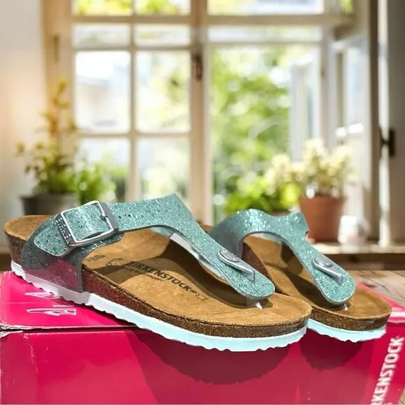 🔥 🆕 BIRKENSTOCK Girls Sandals Green Gizeh Cosmic Sparkle Size 30 US 12 - 12.5