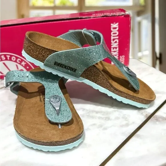 🔥 🆕 BIRKENSTOCK Girls Sandals Green Gizeh Cosmic Sparkle Size 30 US 12 - 12.5