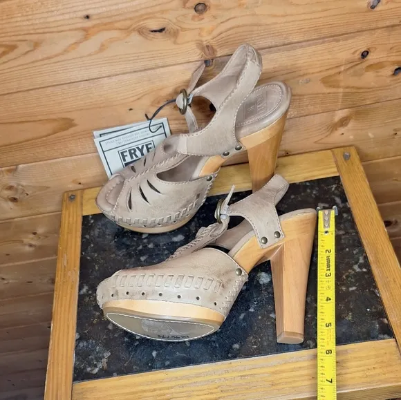 ❤️ FRYE Fran X Stich Platform Heels Brown Leather Wood Sandals Size 6.5 M