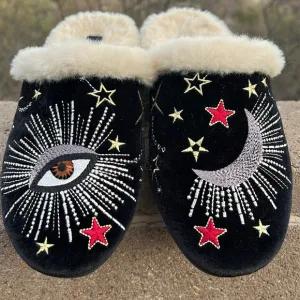 ⭐️🌙 Johnny Was Celestial Embroidered Boho Black Velvet Slippers 🌙⭐️
