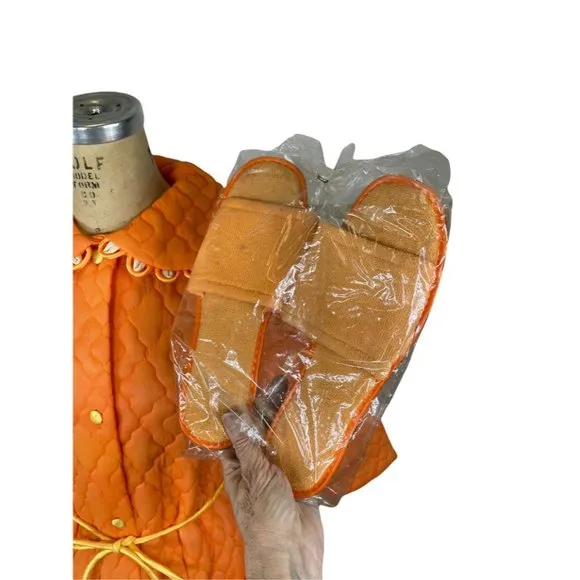 1960s orange quilted bathrobe with matching slippers Size M