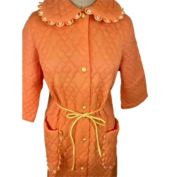 1960s orange quilted bathrobe with matching slippers Size M