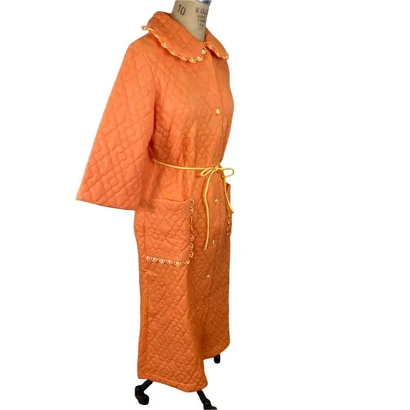 1960s orange quilted bathrobe with matching slippers Size M