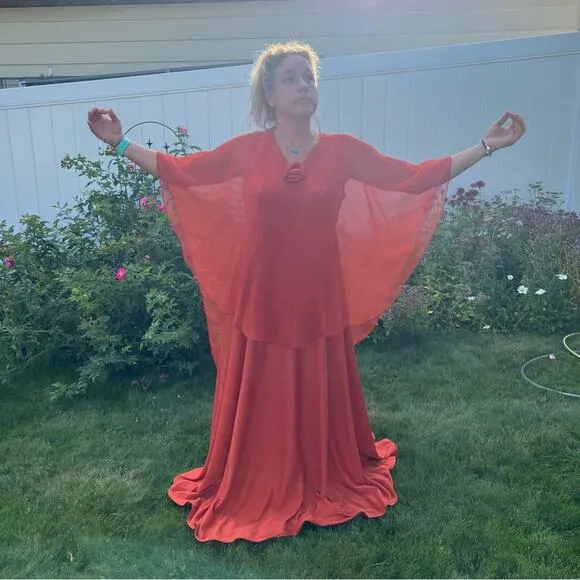 60s 70s Double Knit Poly pumpkin spice orange tank dress w/ sheer illusion cape
