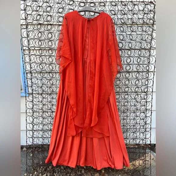 60s 70s Double Knit Poly pumpkin spice orange tank dress w/ sheer illusion cape