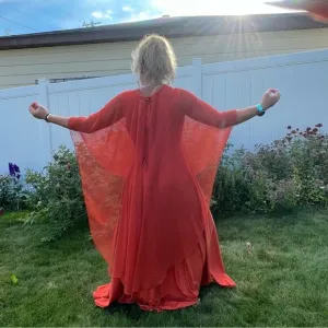 60s 70s Double Knit Poly pumpkin spice orange tank dress w/ sheer illusion cape