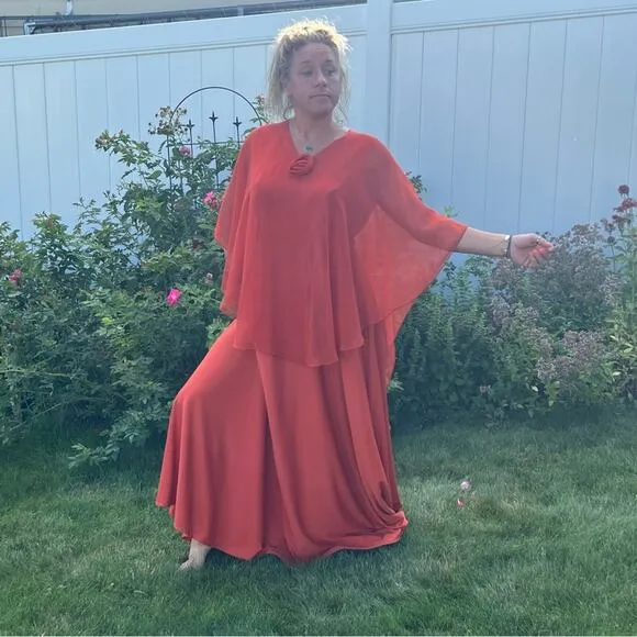 60s 70s Double Knit Poly pumpkin spice orange tank dress w/ sheer illusion cape