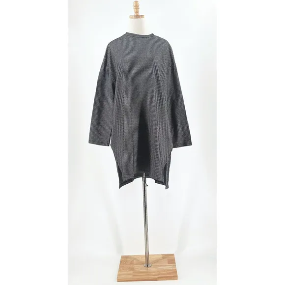 6397 Women Oversized Houndstooth Mini Shirt Dress XS Modern Lagenlook Minimalist