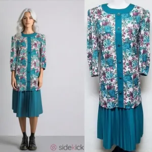 80s Vintage Classic Apparel Teal Cabbage Rose Pleated Quarter Sleeve Midi Dress
