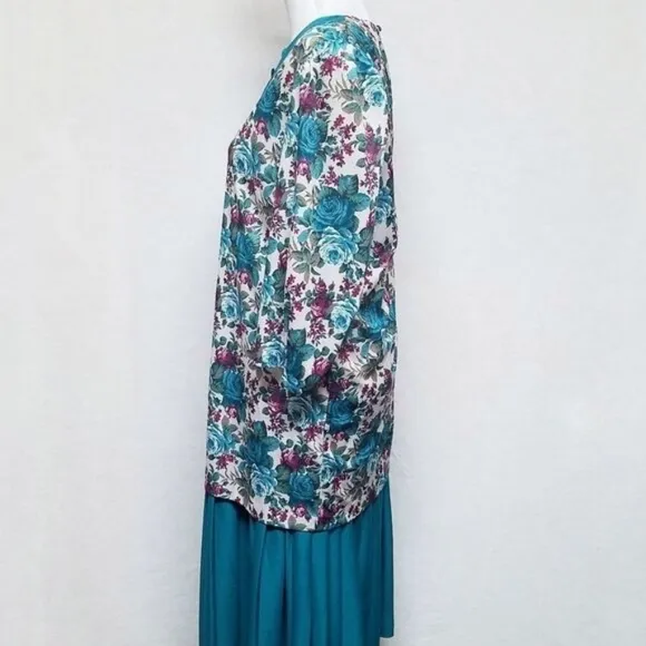 80s Vintage Classic Apparel Teal Cabbage Rose Pleated Quarter Sleeve Midi Dress