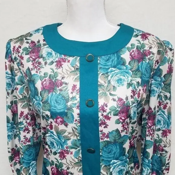 80s Vintage Classic Apparel Teal Cabbage Rose Pleated Quarter Sleeve Midi Dress