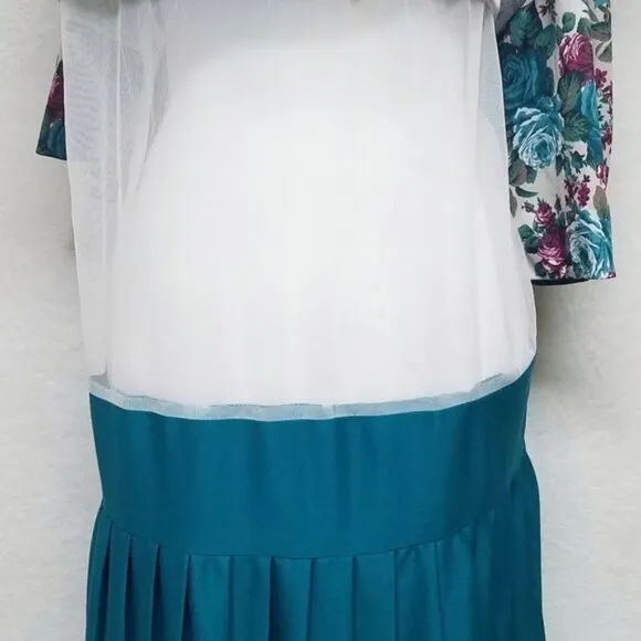 80s Vintage Classic Apparel Teal Cabbage Rose Pleated Quarter Sleeve Midi Dress