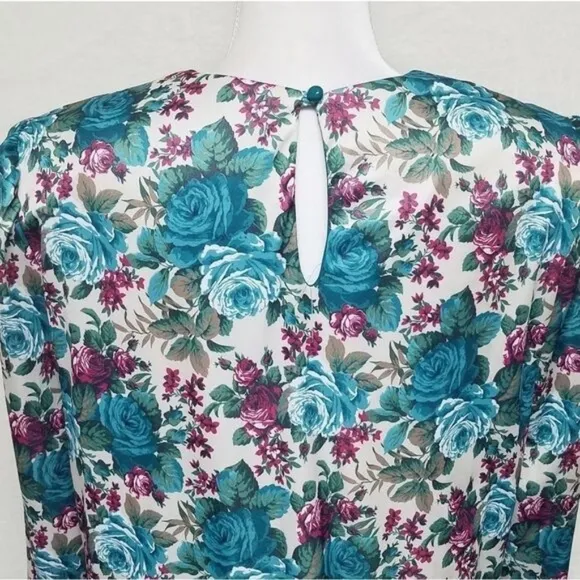 80s Vintage Classic Apparel Teal Cabbage Rose Pleated Quarter Sleeve Midi Dress