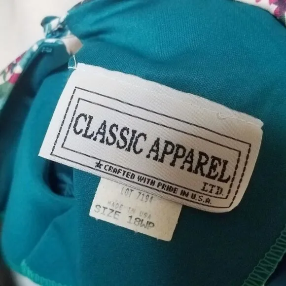 80s Vintage Classic Apparel Teal Cabbage Rose Pleated Quarter Sleeve Midi Dress