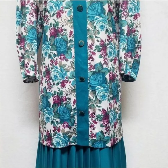 80s Vintage Classic Apparel Teal Cabbage Rose Pleated Quarter Sleeve Midi Dress