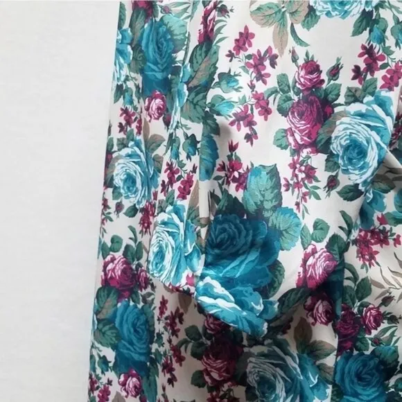 80s Vintage Classic Apparel Teal Cabbage Rose Pleated Quarter Sleeve Midi Dress