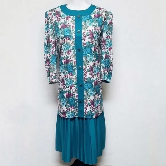 80s Vintage Classic Apparel Teal Cabbage Rose Pleated Quarter Sleeve Midi Dress