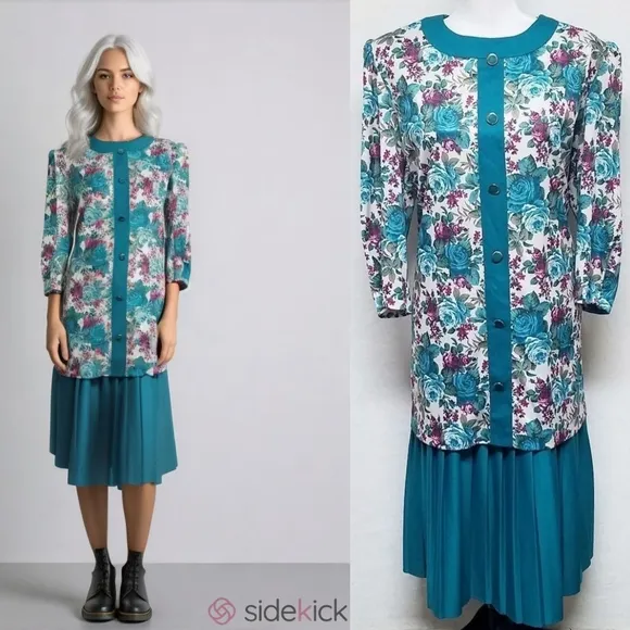 80s Vintage Classic Apparel Teal Cabbage Rose Pleated Quarter Sleeve Midi Dress