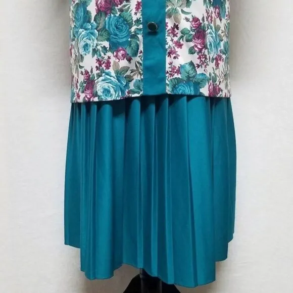 80s Vintage Classic Apparel Teal Cabbage Rose Pleated Quarter Sleeve Midi Dress