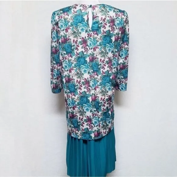 80s Vintage Classic Apparel Teal Cabbage Rose Pleated Quarter Sleeve Midi Dress