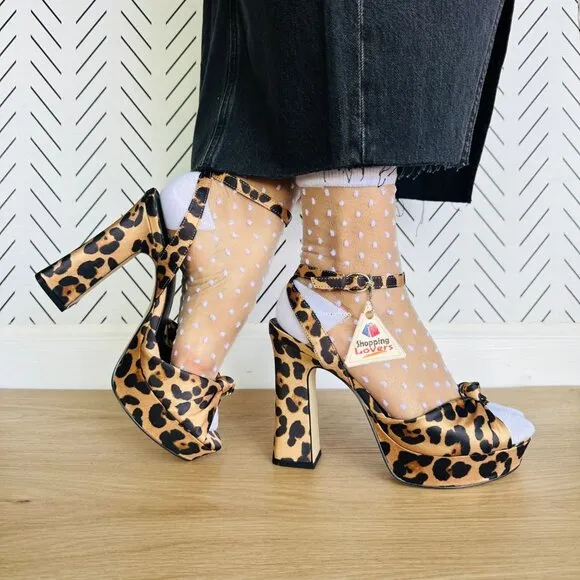 👠9 Women Sandals Open Toe Platform High Heel Shoes Stiletto heels Leopard 4.5&quot;