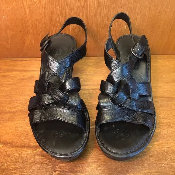 90s/y2K Børn Black Braided Leather Platform Block Heel Sandals size 9