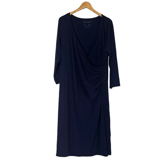 A618829 SUSAN GRAVER Modern Essentials Liquid Knit Faux Wrap Dress Navy 1X