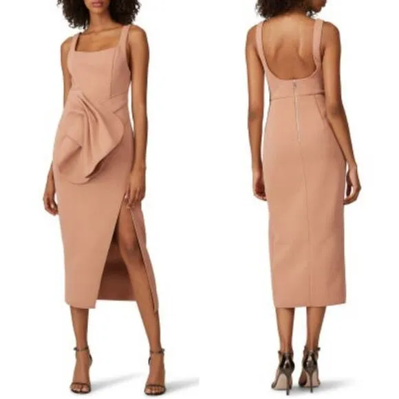 Acler Habana Dress Size 8 Scuba Elegant Midi Tan Brown Length Sleeveless Modern