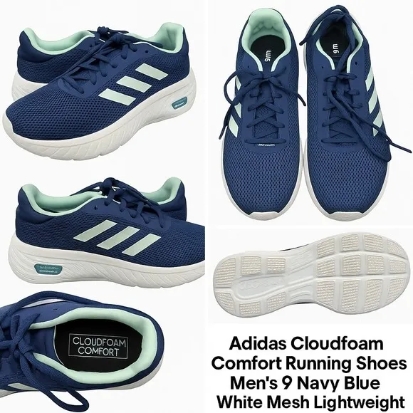 Adidas Cloudfoam Comfort Running Shoes Men's 9 Navy Blue White Mesh Lightweight