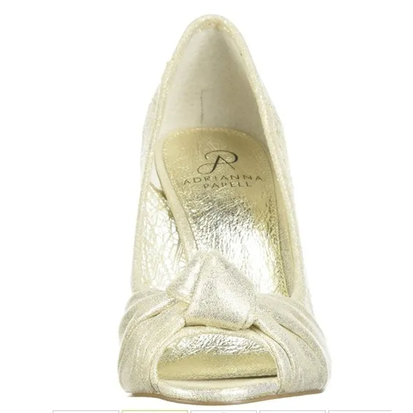 Adrianna Pappel sz 8 Francesca gold lace knot peeptoe heels