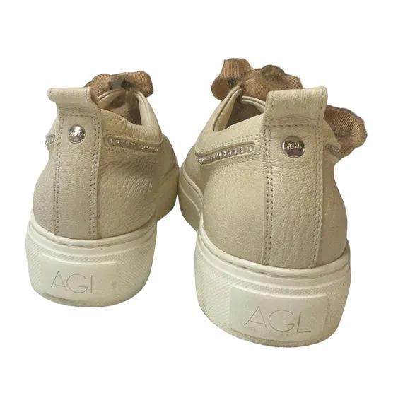 AGL Leather Embellished Sneakers Italian Cream Lace Up Shoes Size 38.5 Size 8.5