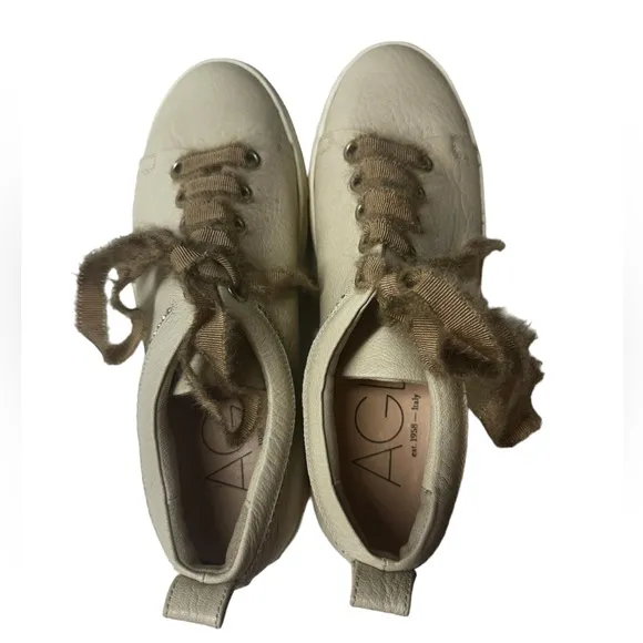 AGL Leather Embellished Sneakers Italian Cream Lace Up Shoes Size 38.5 Size 8.5