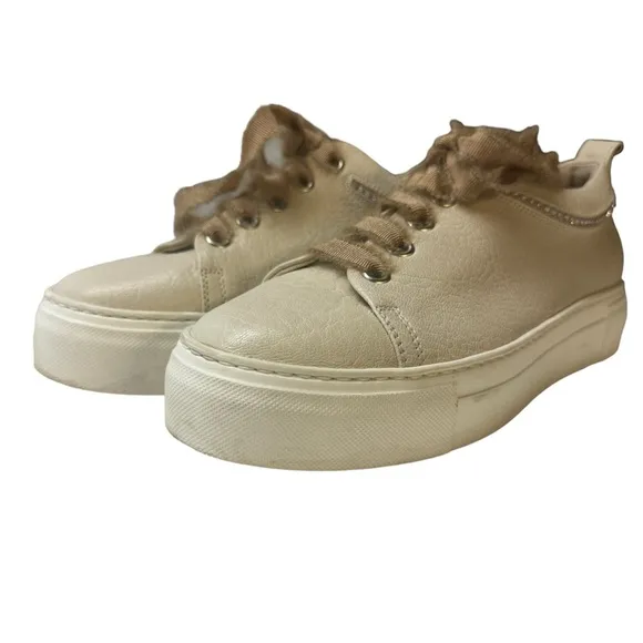 AGL Leather Embellished Sneakers Italian Cream Lace Up Shoes Size 38.5 Size 8.5