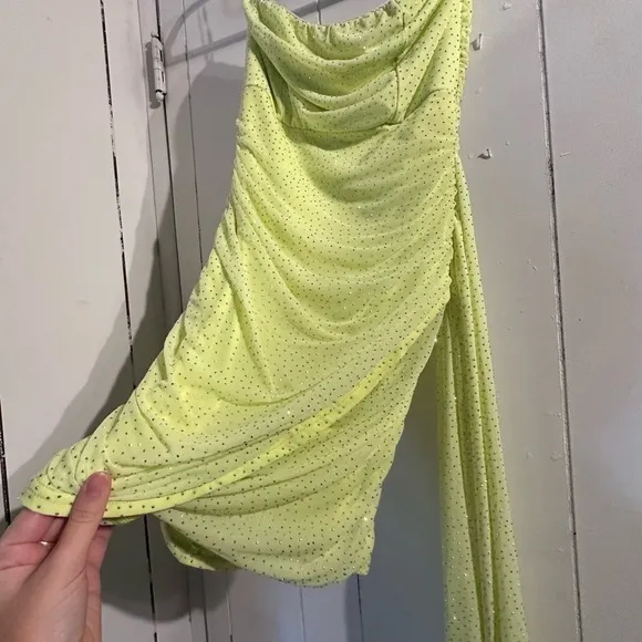 AKIRA Silver Rhinestone Lime Green Draped Dress