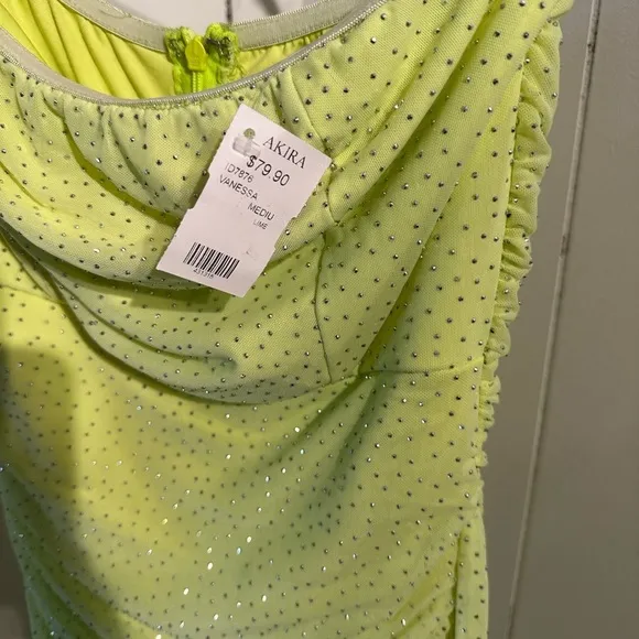 AKIRA Silver Rhinestone Lime Green Draped Dress