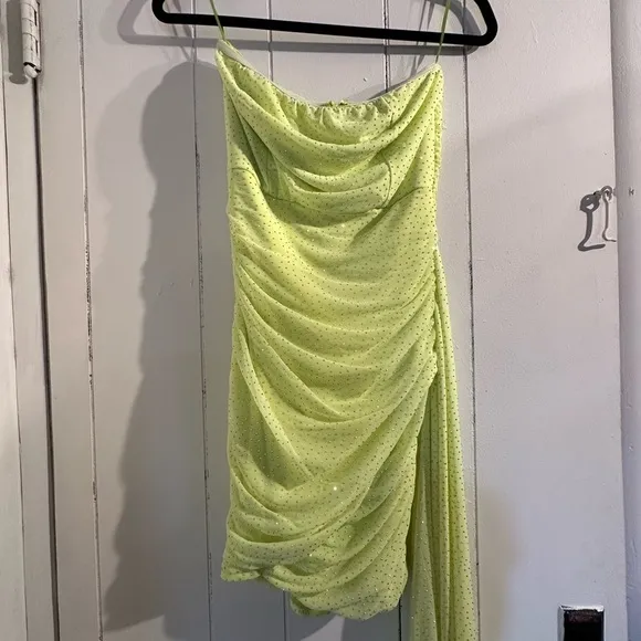 AKIRA Silver Rhinestone Lime Green Draped Dress