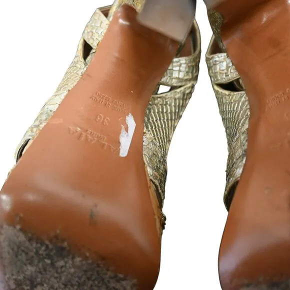 ALAIA Python Snakeskin Platform Peep Toe Heels Sandals Size 36 Gold Ankle Strap