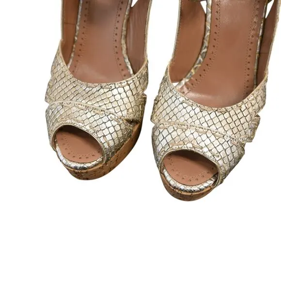 ALAIA Python Snakeskin Platform Peep Toe Heels Sandals Size 36 Gold Ankle Strap