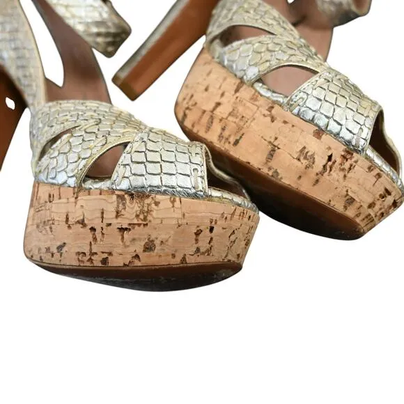 ALAIA Python Snakeskin Platform Peep Toe Heels Sandals Size 36 Gold Ankle Strap