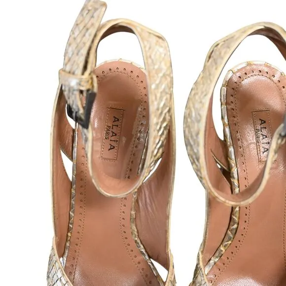 ALAIA Python Snakeskin Platform Peep Toe Heels Sandals Size 36 Gold Ankle Strap