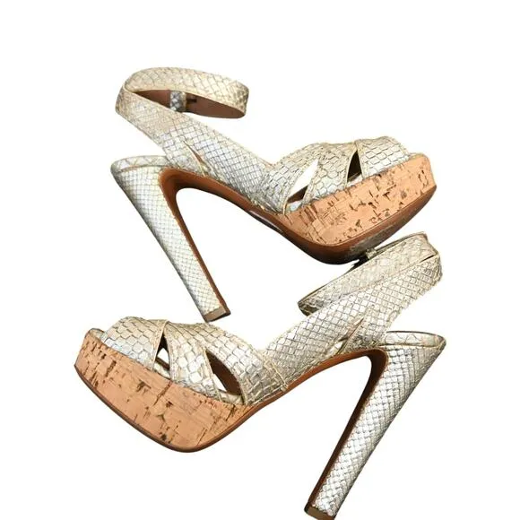 ALAIA Python Snakeskin Platform Peep Toe Heels Sandals Size 36 Gold Ankle Strap
