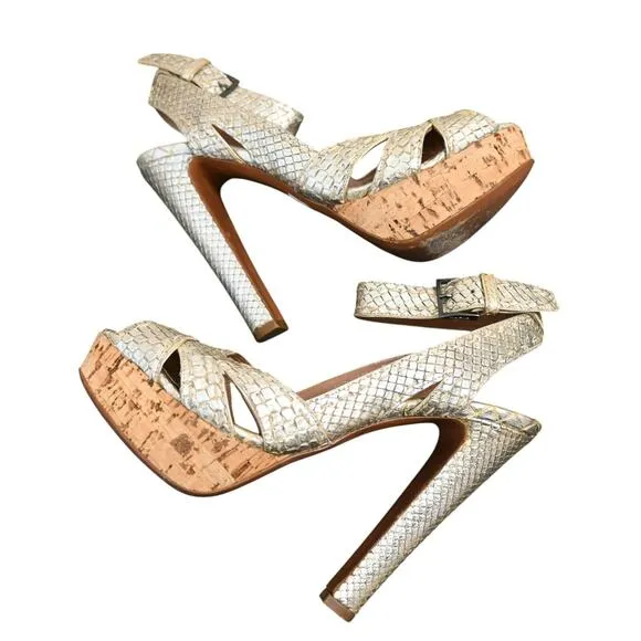 ALAIA Python Snakeskin Platform Peep Toe Heels Sandals Size 36 Gold Ankle Strap