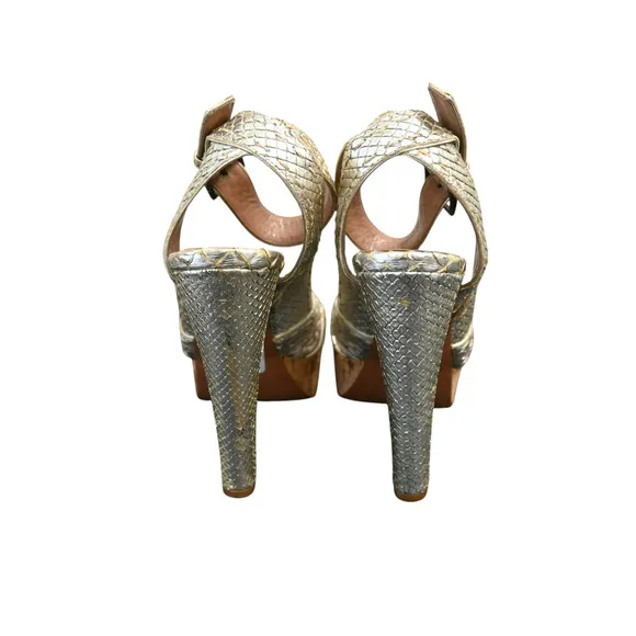 ALAIA Python Snakeskin Platform Peep Toe Heels Sandals Size 36 Gold Ankle Strap