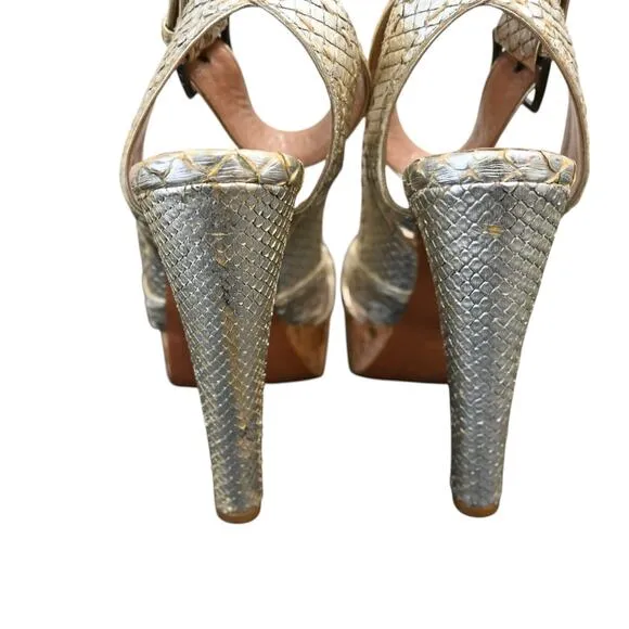 ALAIA Python Snakeskin Platform Peep Toe Heels Sandals Size 36 Gold Ankle Strap