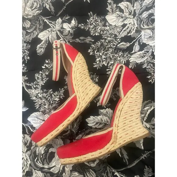 ALAIA Red Stitch Espadrille Wedge Platform Sandal Shoe Ankle Strap Size 38.5 8.5