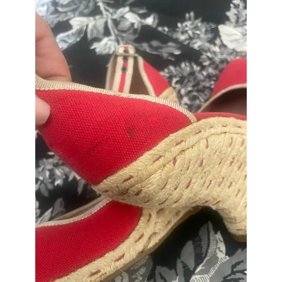 ALAIA Red Stitch Espadrille Wedge Platform Sandal Shoe Ankle Strap Size 38.5 8.5