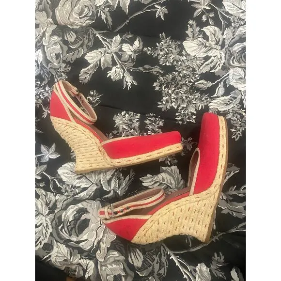 ALAIA Red Stitch Espadrille Wedge Platform Sandal Shoe Ankle Strap Size 38.5 8.5