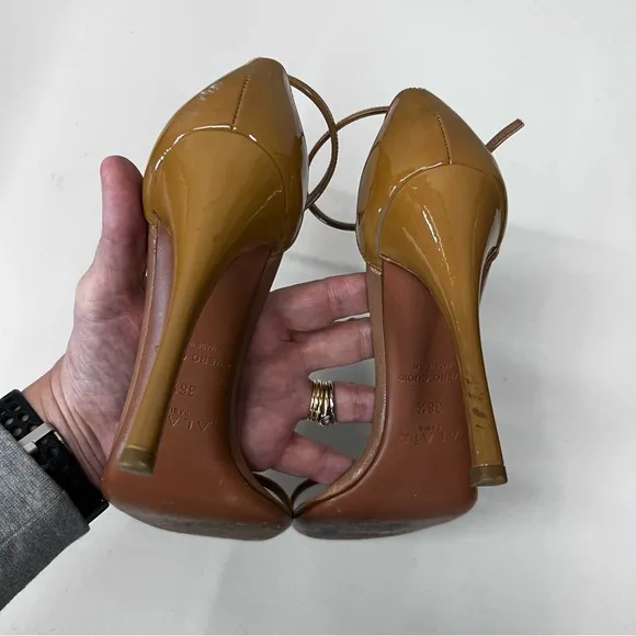 Alaia Tan Patent Leather Sandals Heels Size 36.5