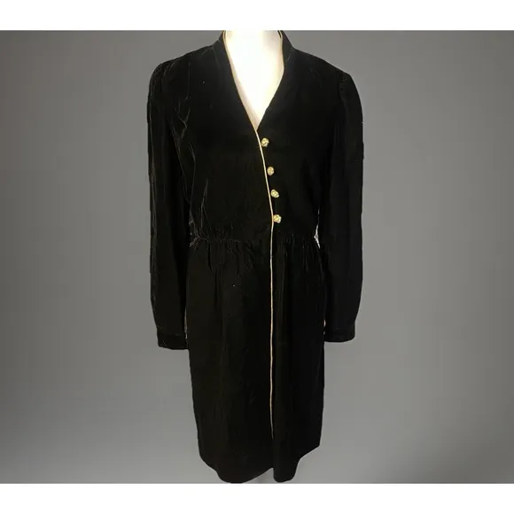 Albert Capraro Vintage Black Velvet Dress Gold Buttons Puff Sleeves Size 8 M