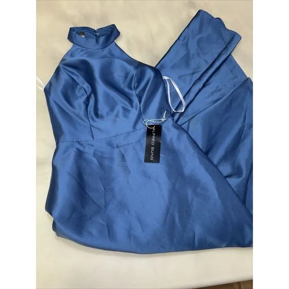 Alfred Sung D772 High Neck Cutout Satin Twill Dress Classic Blue Size 2 NWT